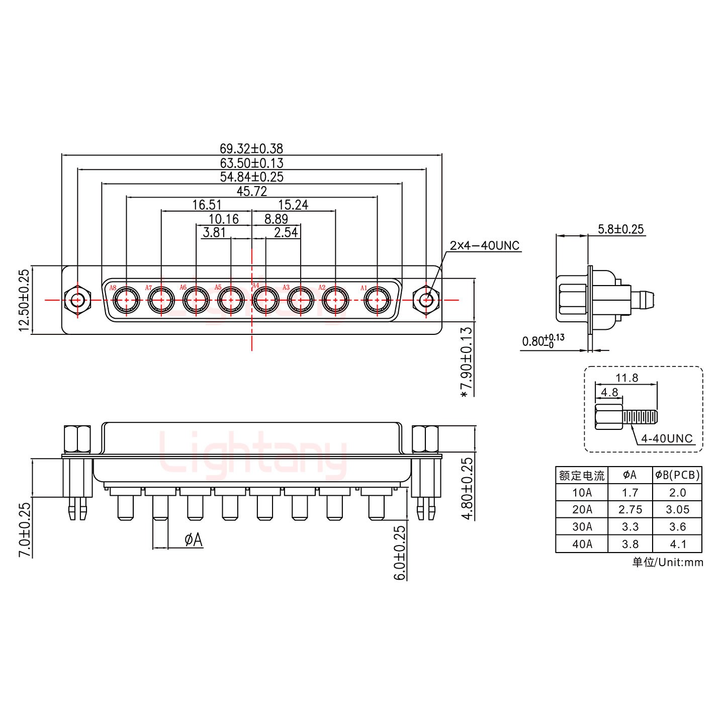 8W8母PCB直插板/鉚魚(yú)叉7.0/大電流40A