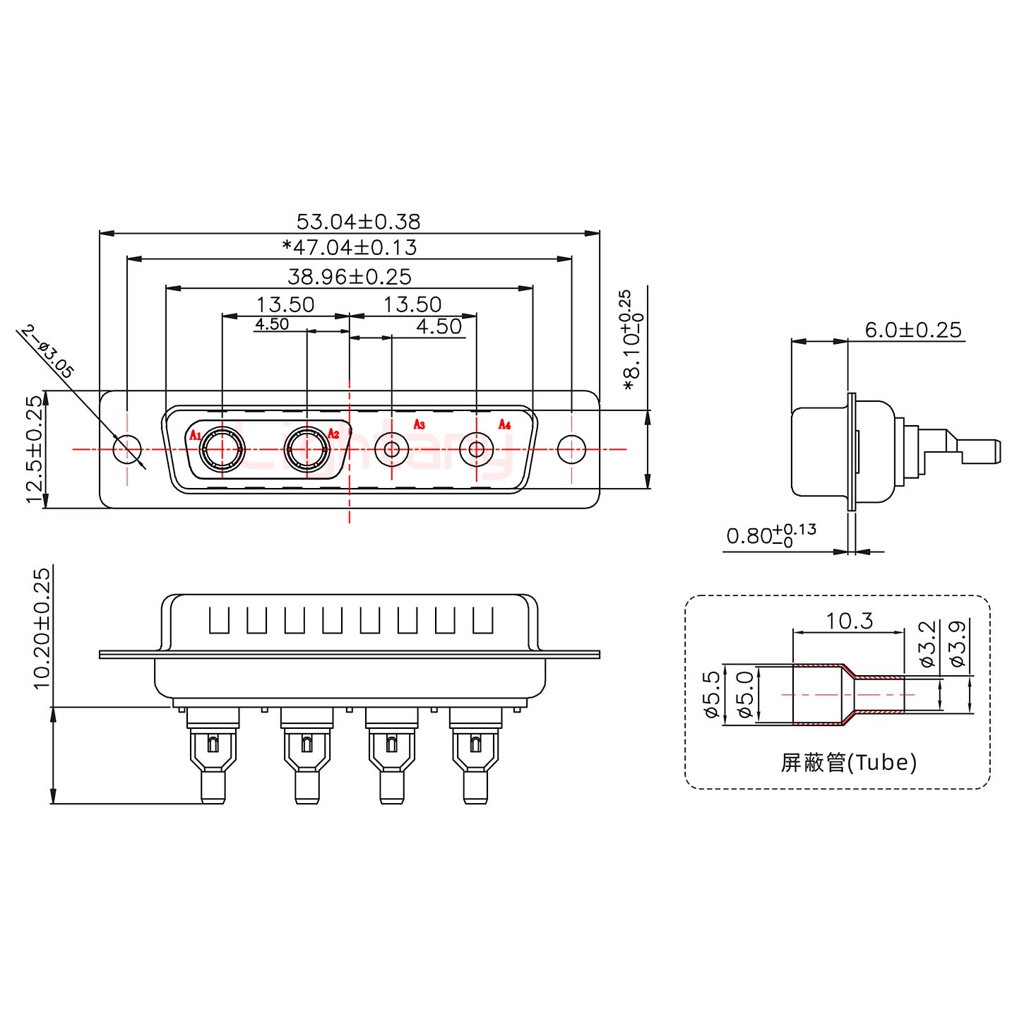 4V4公焊線(xiàn)式75歐姆+25P金屬外殼1657直出線(xiàn)4~12mm